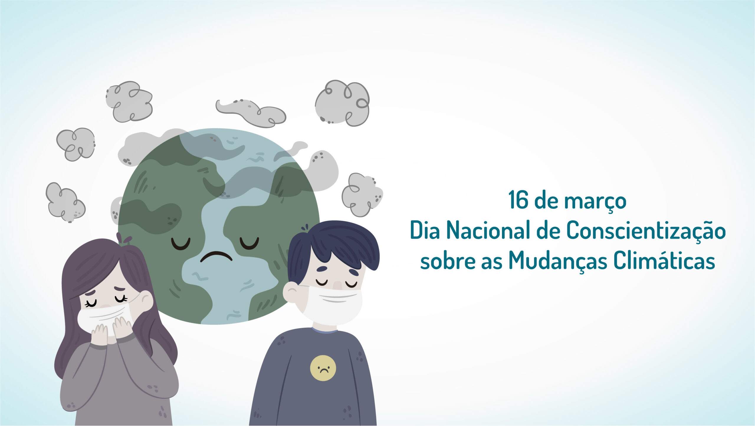 Um mundo poluído e pessoas de máscara simbolizando os efeitos das mudanças climáticas.